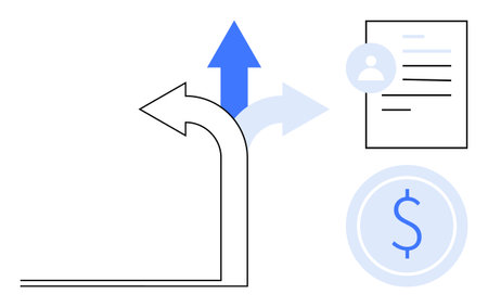 Career growth, personal finance, decision making, employment opportunities, professional planning, navigation choices. Arrows indicating paths, profile document and dollar sign. Career growthのイラスト素材