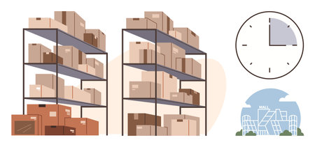 Stacked cardboard boxes on warehouse racks, clock representing time management, office building signifying logistics. Ideal for storage, shipping, supply chain, inventory, business planningのイラスト素材