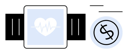 Smart fitness tracker screen displaying heart rate alongside dollar icon. Ideal for health tech,...