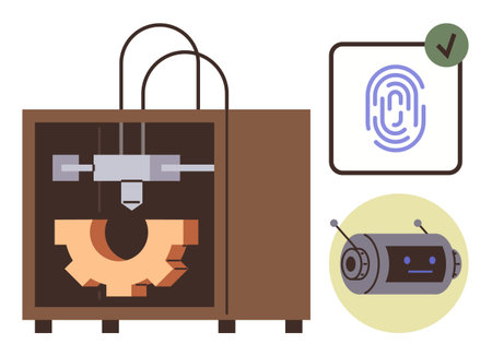 3D printer creating a gear, fingerprint authentication icon with green check mark, and robot head...