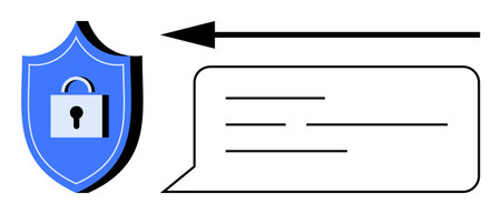 Data security. Shield with lock icon protection, encrypted message ensuring secure communication. Data security is critical for privacy and sensitive data. Ideal for cybersecurity, technology appsのイラスト素材