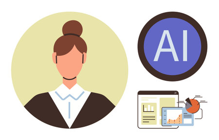 Female professional portrait beside AI icon and visualized graphs, reports, and analytics tools. Ideal for technology, AI, data science, leadership, education and innovation topics. Simple flatのイラスト素材
