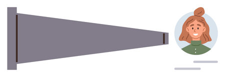 Funnel directing focus toward a smiling womans face as key subject. Ideal for attention, concentration, precision, targeting, vision, prioritization, and personal branding. Simple flat metaphorのイラスト素材