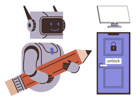 Robot carrying a pencil with a smiling face next to a locked blue door labeled unlock and a blank computer screen. Ideal for creativity, problem-solving, learning, AI, exploration, writingのイラスト素材