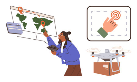 Woman using a tablet and digital map to track global delivery locations and quadcopters with touchscreen actions. Ideal for logistics, technology, e-commerce, delivery, navigation, automationのイラスト素材