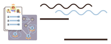 Leaderboard with ranking icons, reward path map showing progress steps, and abstract waves. Ideal...