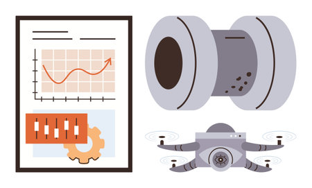 Data chart with growth curve, industrial control system, futuristic wheel, autonomous quadcopter. Ideal for innovation, efficiency, industrial tech, automation, progress research simple flatのイラスト素材
