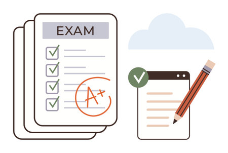 Stacked exam papers with checked boxes and an A grade alongside a completed checklist and pencil. Ideal for education, success, achievement, evaluation, learning goals, preparation, organizationのイラスト素材