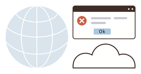 Globe, error message in browser window, and cloud. Ideal for global connectivity, error handling, cloud computing, network issues, online security internet communication and digital challenges. Aのイラスト素材