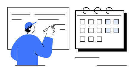Person writing on a whiteboard next to a detailed calendar. Ideal for planning, organization, teamwork, productivity, time management, scheduling, and strategy. Simple flat metaphorのイラスト素材