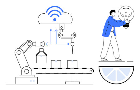 Factory robotic arm assembling products, wireless technology in operation, person holding a lightbulb for innovation. Ideal for technology, automation, creativity, manufacturing, connectivityのイラスト素材