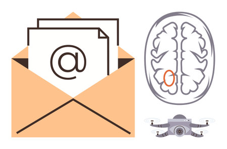 Open envelope with email sheets, brain with highlighted creativity area, quadcopter device. Ideal...