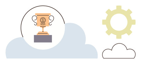 Trophy representing success surrounded by gear and cloud suggesting innovation, teamwork, and...