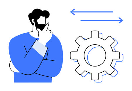 Man thinking with hand on chin and gear alongside arrows indicating analysis, choices, and progress. Ideal for strategy, innovation, planning, problem-solving, workflow optimization, technologyのイラスト素材