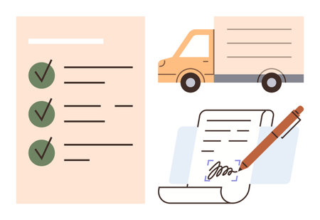 Checklist with green checkmarks, delivery truck, document with pen. Ideal for logistics, delivery, agreement, organization, shipping workflow paperwork. Simple flat metaphorのイラスト素材