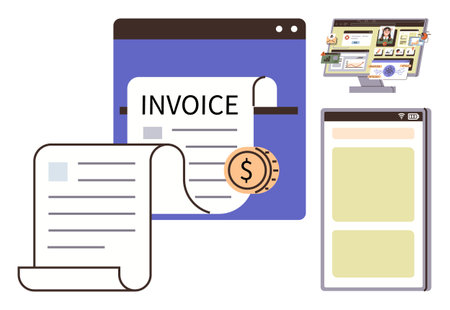 Digital invoices with currency icon, desktop for online payment, mobile interface. Ideal for billing, finance, e-commerce, banking, technology workflow accounting. Simple flat metaphorのイラスト素材