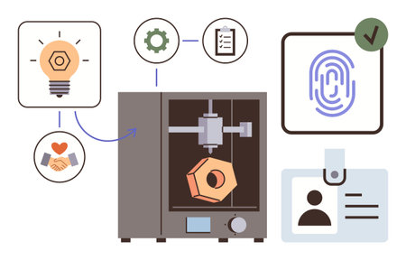 3D printer creating geometric object, lightbulb for ideas, handshake for partnership, fingerprint...
