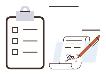 Clipboard with checklist and signed document sectioned by a pen. Ideal for management, planning,...