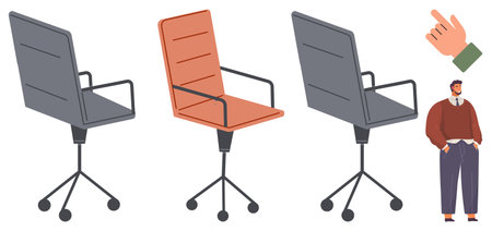Office chairs in three angled views, emphasized by a hand pointing. A casually dressed man stands nearby. Ideal for workplace, selection process, hiring, ergonomics, furniture, teamwork simple flatのイラスト素材