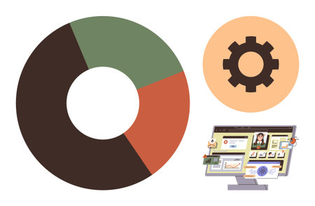 Donut chart in three sections, orange gear, monitor displaying workflows and team collaboration...