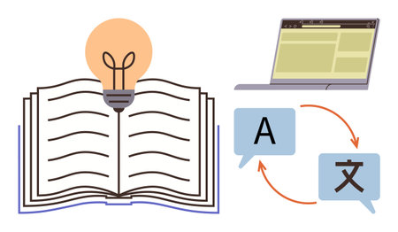 Open book with glowing lightbulb symbolizing learning, speech bubbles for translation, and laptop for digital work. Ideal for education, creativity, translation, reading, innovation, communicationのイラスト素材