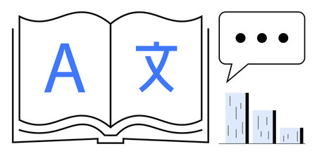 Open book with multilingual text, speech bubble, and bar chart. Ideal for language translation,...