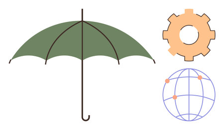 Green umbrella symbolizing protection, orange gear representing mechanism or industry, globe illustrating connectivity or globalization. Ideal for business, teamwork, innovation, security, globalのイラスト素材