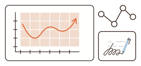 Rising line graph highlights growth, network nodes show connections, and signed document emphasizes...