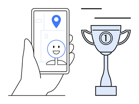 Mobile navigation concept. Digital location pin and hand holding device highlight navigation, while...