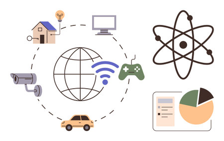 Global network with smart home, computer, light bulb, security camera, car, game controller, charts, atom diagram. Ideal for technology IoT innovation connection data analysis scienceのイラスト素材