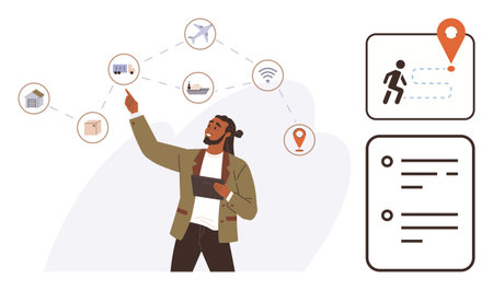 Man with digital tablet planning logistics, connected resources thumbs up warehouse, shipping. Ideal for logistics, technology, planning, delivery, organization, workflow management modern businessのイラスト素材