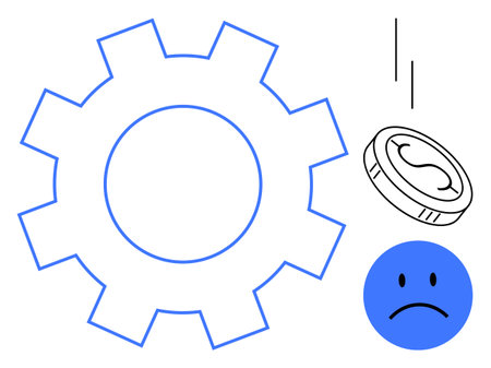 Large gear, dropping coin, and sad face combine to suggest financial struggles, inefficiency, or difficulty in processes. Ideal for finance, economics, workflow, failure productivity challengesのイラスト素材