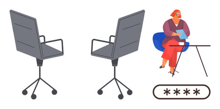 Professional setting with woman using tablet seated at desk. Close-up on empty office chairs and password entry interface. Ideal for workplace, remote work, privacy, cybersecurity, education, modernのイラスト素材
