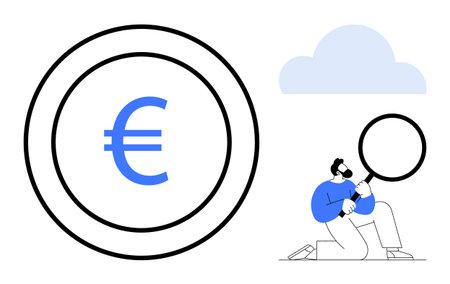 Euro sign encircled for emphasis, individual kneeling with magnifying glass, cloud overhead. Ideal for finance, research, analysis, focus, economy discovery diligence. Simple flat metaphorのイラスト素材