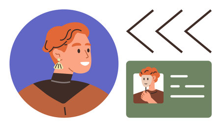 Portrait with earrings in circular frame, arrows, ID card. Ideal for online identity, profile...