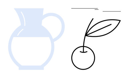 Light blue jug half-filled with liquid next to a simple cherry with a stem and leaf. Ideal for food, nature, minimalism, freshness, healthy lifestyle, simplicity, visual balance. Clean flat metaphorのイラスト素材