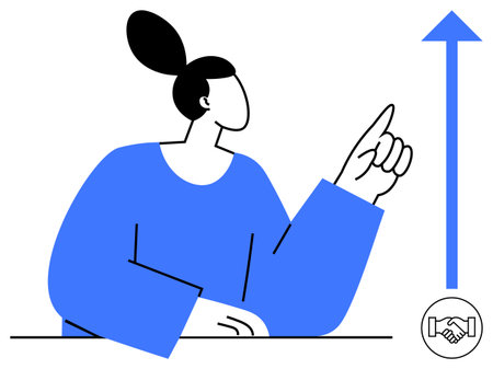Business growth concept. Woman pointing upwards, progress and teamwork. The handshake s collaboration in business growth. Great for teamwork, leadership, partnership, success visuals, and corporateのイラスト素材