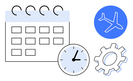 Calendar with marked dates, clock showing time, airplane symbol, and gear representing elements of planning. Ideal for travel, scheduling, time management, logistics, organization productivityのイラスト素材