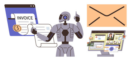 Robot interacting with invoice document, envelope and computer screen showcasing workflow automation. Ideal for finance, communication, technology, innovation, office, AI operations, digitalのイラスト素材