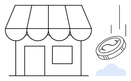Shopfront with striped awning next to falling coin suggesting revenue, savings, or spending. Ideal for finance, retail strategy, investment, shopping, small business, economy simple flat metaphorのイラスト素材