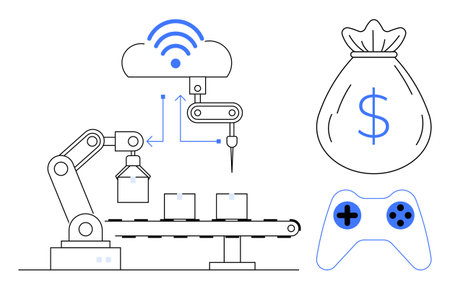Robotic arm automating conveyor production, cloud connectivity symbolizing IoT, money bag for financial growth, and gaming controller for technology crossover. Ideal for technology, innovationのイラスト素材