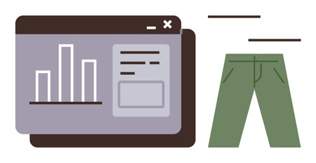 Bar graph on a browser window next to green pants. Ideal for e-commerce, online business, sales, data analysis, fashion retail, digital marketing, simple flat metaphorのイラスト素材
