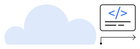 Technology, cloud services, programming, IT solutions, data storage, digital transformation. Soft blue cloud paired with a coding interface and arrow. Technology and cloud services visualizationのイラスト素材