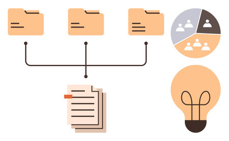 Networked file folders connect to documents, teamwork diagram, and lightbulb representing ideas. Ideal for workflow, data organization, sharing, creativity, brainstorming, teamwork simple flatのイラスト素材