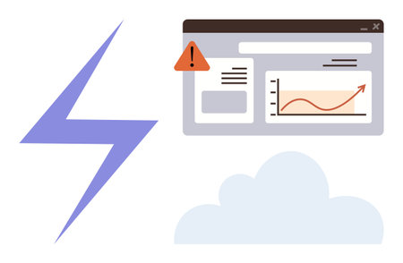 Lightning bolt, cloud, and data dashboard showing upward graph with warning icon. Ideal for cloud computing, data security, analytics, SaaS, outages technology risk storm metaphor. Simple flatのイラスト素材