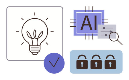 Light bulb, AI processor, settings with magnifier, checklist, and padlocks emphasize technology, security, optimization, creativity data protection and innovative thinking. Ideal for AI innovationのイラスト素材