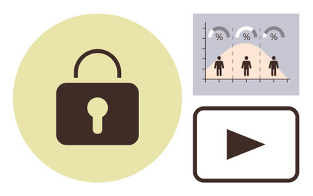Padlock symbolizes protection, chart shows data analysis with percentages, and play button signifies digital media. Ideal for cybersecurity, analytics, privacy, data protection, video security, techのイラスト素材