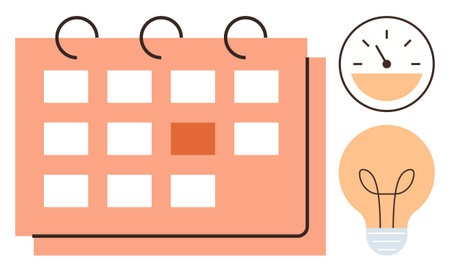 Calendar with marked date, stopwatch, and lightbulb symbolizing schedule organization, deadline planning, and idea generation. Ideal for productivity, goals, efficiency, innovation task managementのイラスト素材