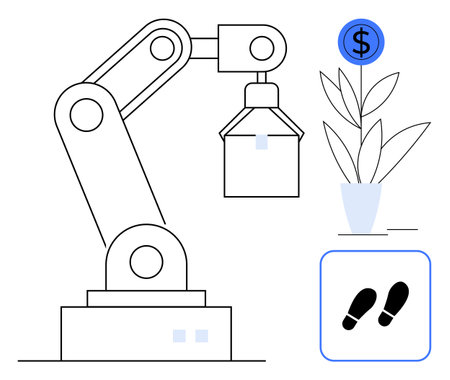 Industrial robotic arm lifting an object near a thriving plant with dollar growth symbol and footprints encouraging eco-conscious development. Ideal for automation, sustainability, green technologyのイラスト素材