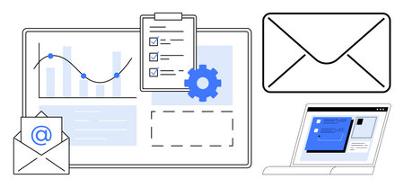 Email envelopes, bar graphs, checklist, gear, and laptop screen displaying chat. Ideal for business communication, productivity, email marketing, data analysis workflow optimization strategyのイラスト素材